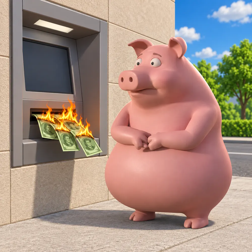Cashpig at the ATM, the cash is on fire
